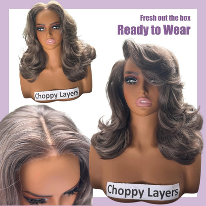 Detroit Layers 18-Inch Heat-Resistant Synthetic Wig - 200% Density Butterfly Cut T-Part Lace in Red, Blonde, Gray, and Brown with Loose Waves for Beginners