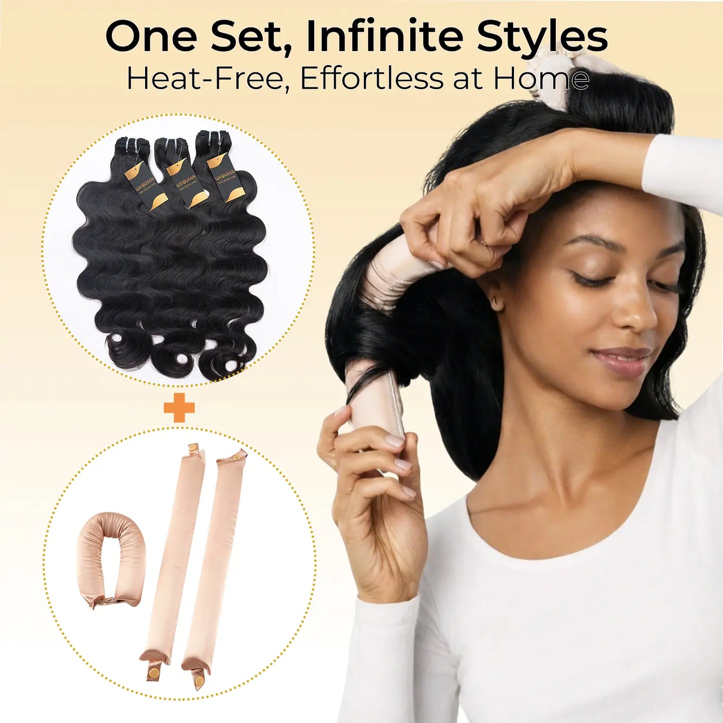 Wequeen 10-Minute Ready Hairstyle Body Wave Bundles with Complimentary Flexi Rods | Effortless Beach Waves, Blowout, and Layered Cut Styles | 10A Virgin Human Hair for Heatless Overnight Curls and Versatile Styling Options
