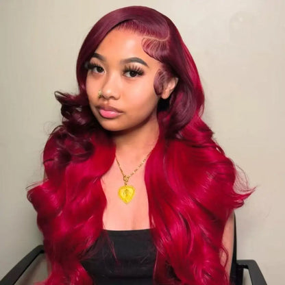 30-Inch Zlzlblbl 13X6 Burgundy Lace Front Wig - Human Hair Body Wave HD Lace, Pre-Plucked with Baby Hair, 200% Density, Glueless Design