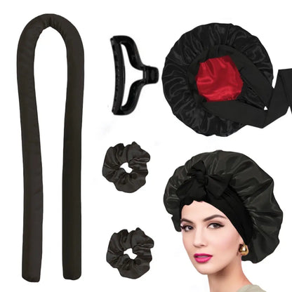 Heatless Hair Curler Kit Silk Double Layer Bonnet with Heatless Curling Rod Set, Overnight Curl Kit to Sleep In, Satin Lined Hair Bonnet and Heatless Curls Headband for Women Natural Curly Shower Cap Sleep Cap Home Bathroom Decor Summer Back to School