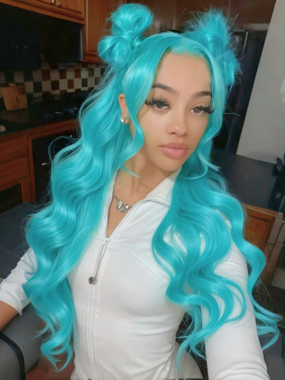 Mint Blue 28-Inch Body Wave Lace Front Wig with Pre-Plucked Natural Hairline, Heat-Resistant Synthetic Fiber for Women - Ideal for Parties, New Year, and Cosplay