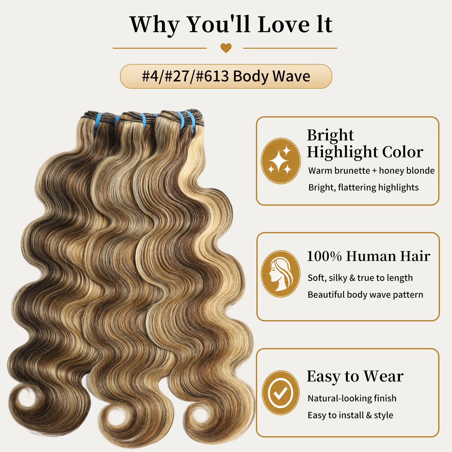 LUCKSTAR Summer Vibes 4/27/613 Body Wave Human Hair Bundles - Ombre Brown Honey Blonde Weave Extensions for Sew-In and Quick Weave, 100% Human Hair