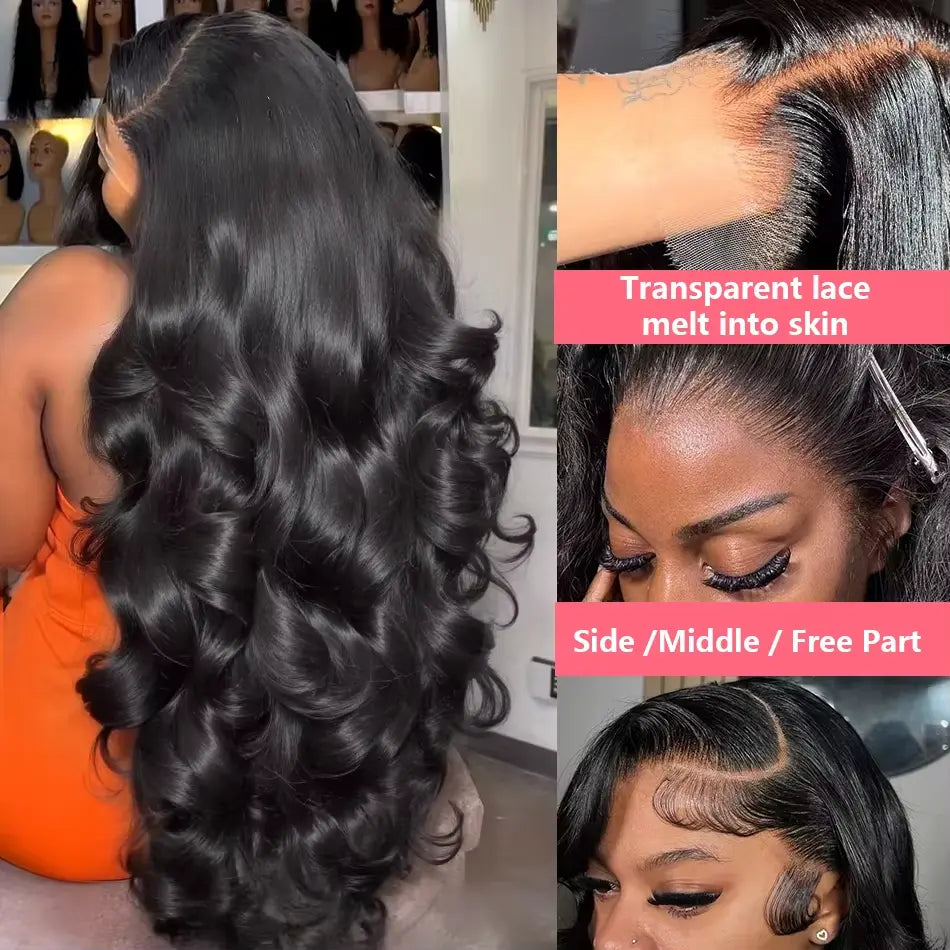 Pobokix 7X6 Body Wave HD Transparent Lace Frontal Wig - Brazilian Pre-Plucked Glueless Human Hair Wig for Women, 200% Density with Natural Hairline