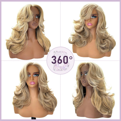 Detroit Layers 18-Inch Heat-Resistant Synthetic Wig - 200% Density Butterfly Cut T-Part Lace in Red, Blonde, Gray, and Brown with Loose Waves for Beginners