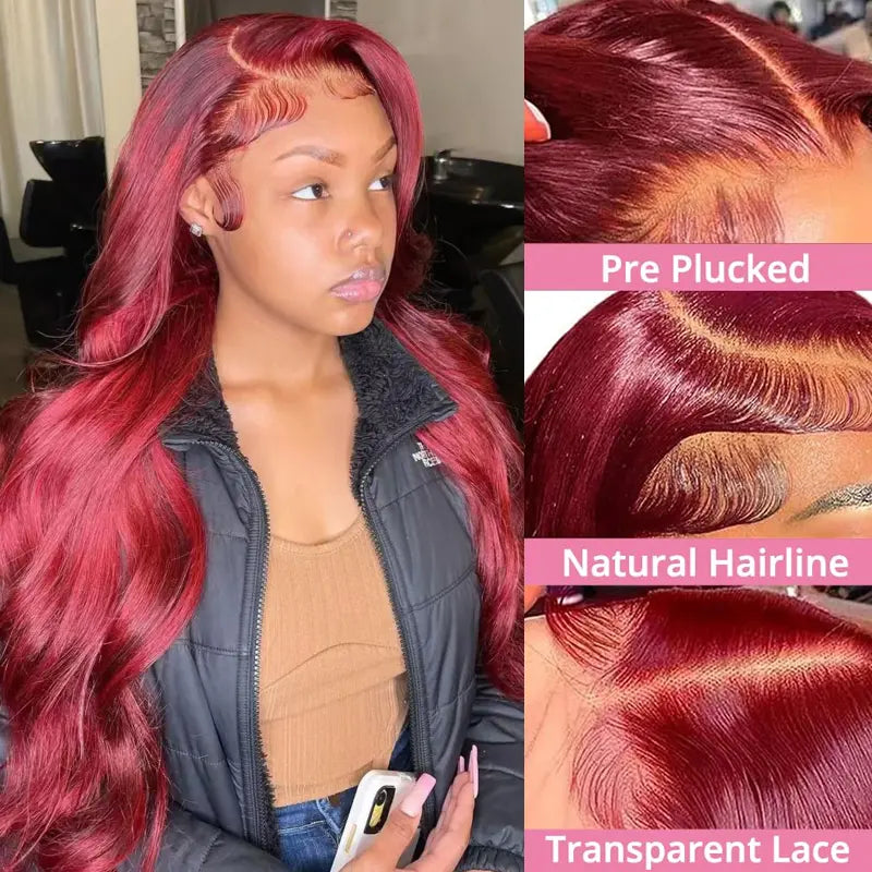 30-Inch Zlzlblbl 13X6 Burgundy Lace Front Wig - Human Hair Body Wave HD Lace, Pre-Plucked with Baby Hair, 200% Density, Glueless Design