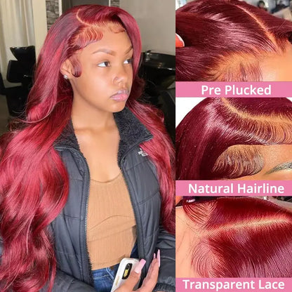 30-Inch Zlzlblbl 13X6 Burgundy Lace Front Wig - Human Hair Body Wave HD Lace, Pre-Plucked with Baby Hair, 200% Density, Glueless Design
