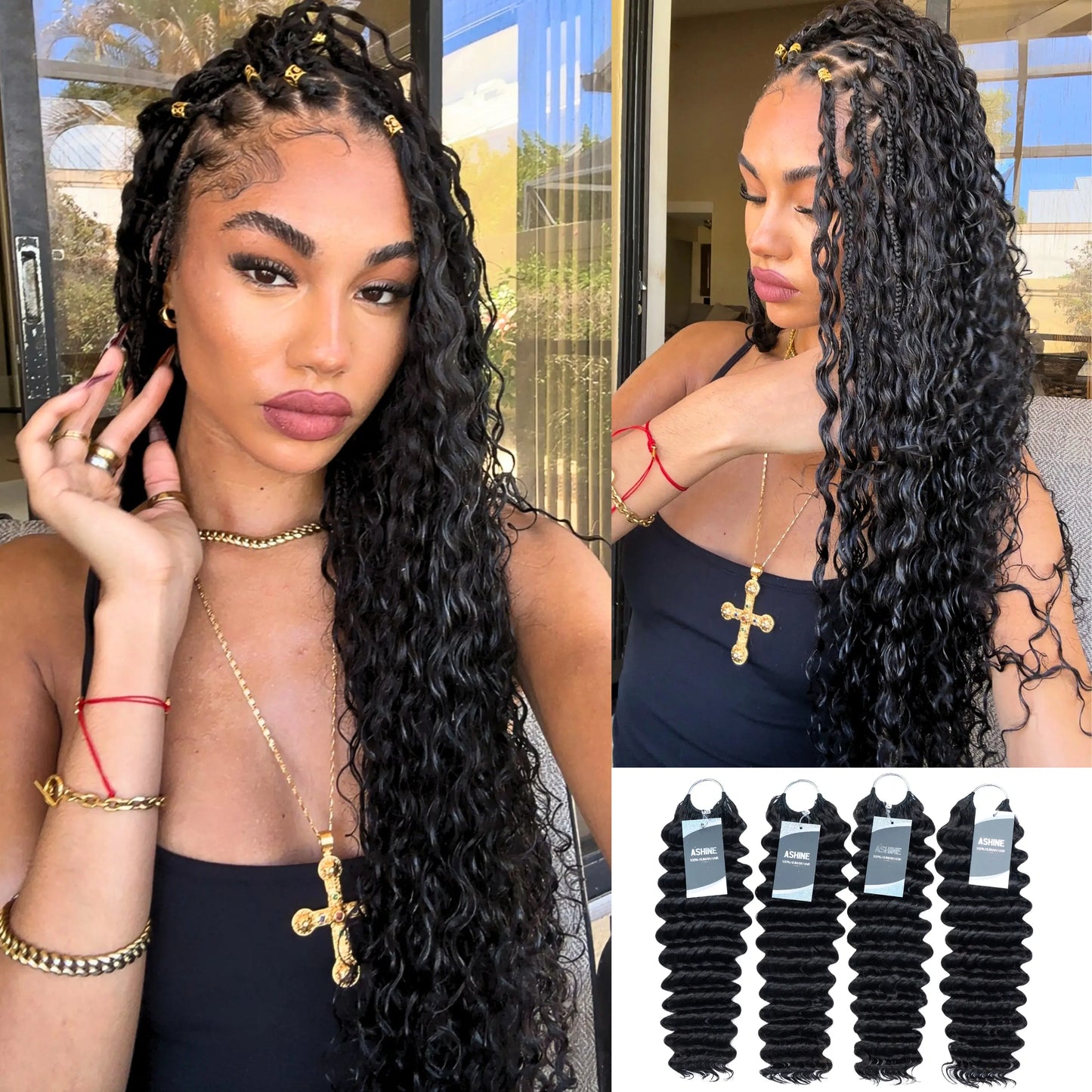 Ashine Deep Wave Burmese Curly Feather Crochet Human Hair Extensions with Miracle Invisible Knots - Pre-Separated Boho Braids for Protective Styling