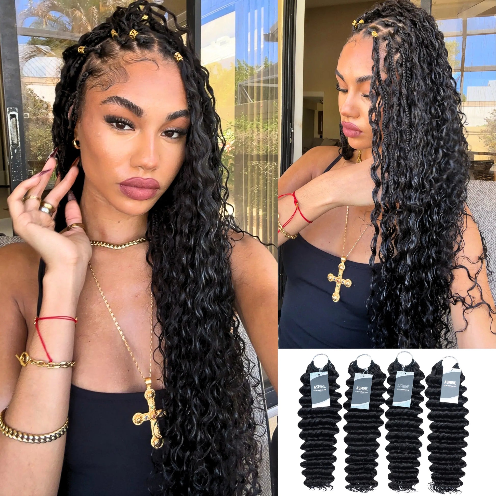 Ashine Deep Wave Burmese Curly Feather Crochet Human Hair Extensions with Miracle Invisible Knots - Pre-Separated Boho Braids for Protective Styling