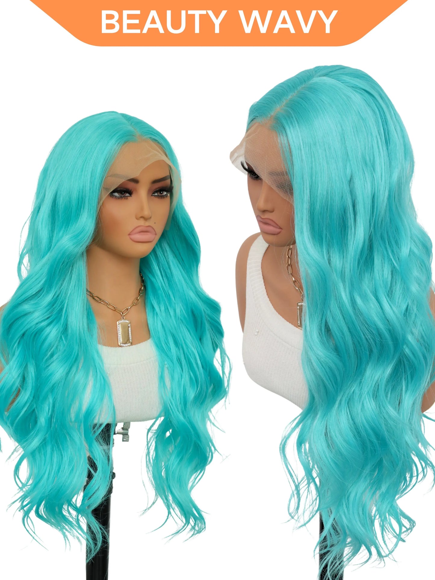Mint Blue 28-Inch Body Wave Lace Front Wig with Pre-Plucked Natural Hairline, Heat-Resistant Synthetic Fiber for Women - Ideal for Parties, New Year, and Cosplay