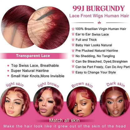 30-Inch Zlzlblbl 13X6 Burgundy Lace Front Wig - Human Hair Body Wave HD Lace, Pre-Plucked with Baby Hair, 200% Density, Glueless Design