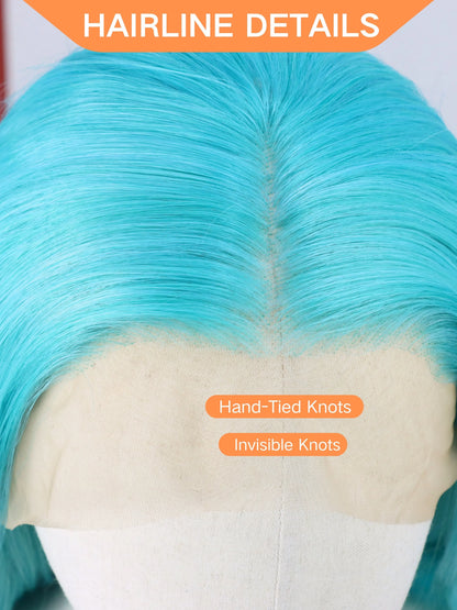 Mint Blue 28-Inch Body Wave Lace Front Wig with Pre-Plucked Natural Hairline, Heat-Resistant Synthetic Fiber for Women - Ideal for Parties, New Year, and Cosplay