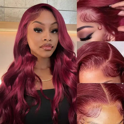 30-Inch Zlzlblbl 13X6 Burgundy Lace Front Wig - Human Hair Body Wave HD Lace, Pre-Plucked with Baby Hair, 200% Density, Glueless Design