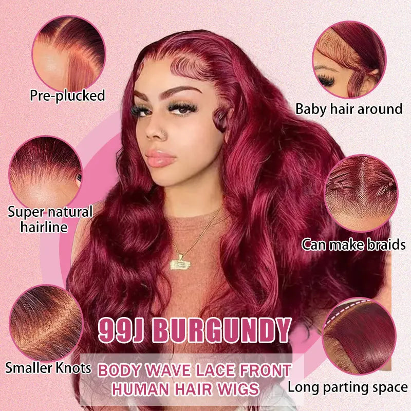 30-Inch Zlzlblbl 13X6 Burgundy Lace Front Wig - Human Hair Body Wave HD Lace, Pre-Plucked with Baby Hair, 200% Density, Glueless Design