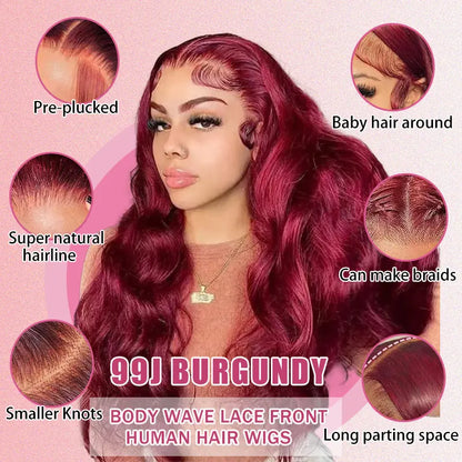 30-Inch Zlzlblbl 13X6 Burgundy Lace Front Wig - Human Hair Body Wave HD Lace, Pre-Plucked with Baby Hair, 200% Density, Glueless Design