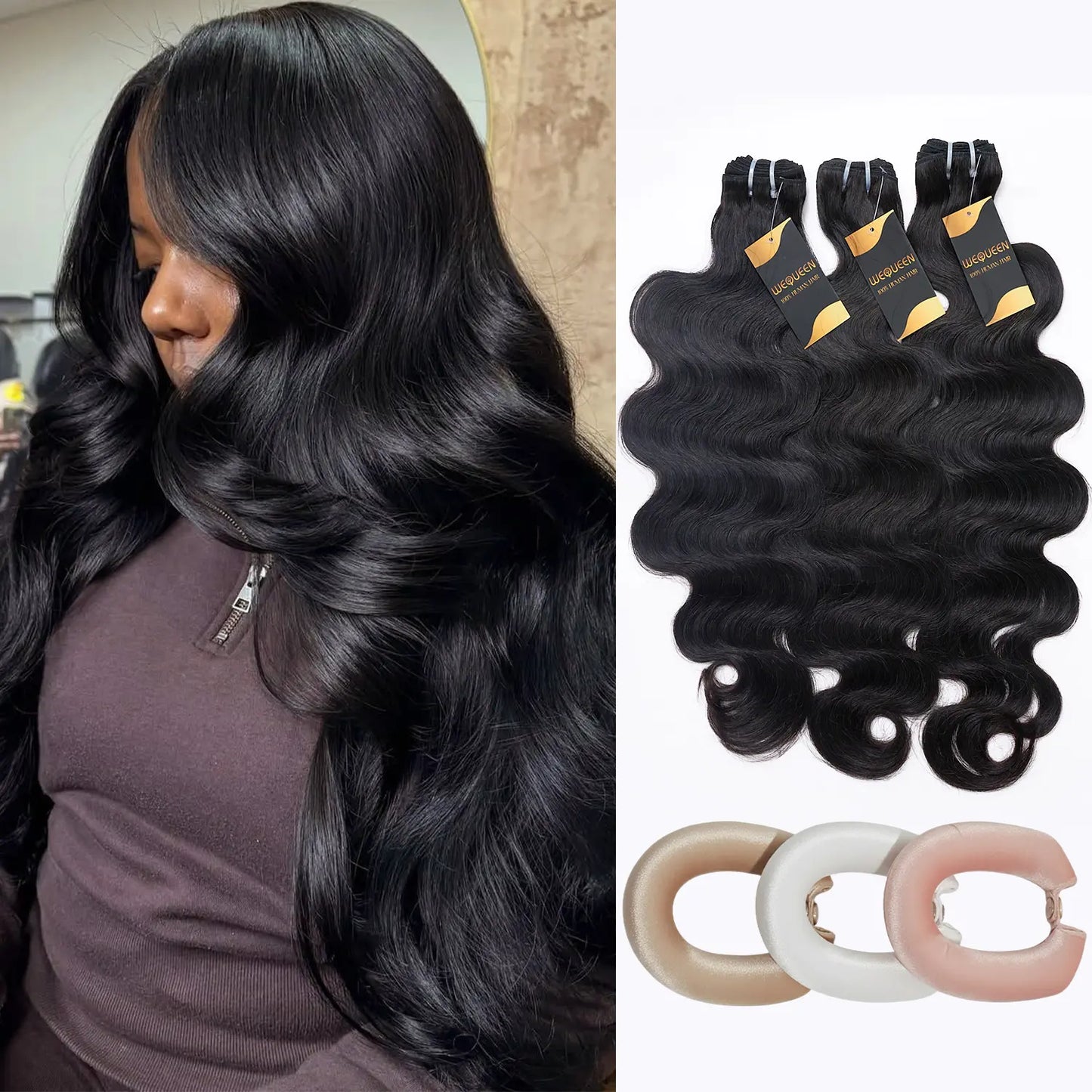 Wequeen 10-Minute Ready Hairstyle Body Wave Bundles with Complimentary Flexi Rods | Effortless Beach Waves, Blowout, and Layered Cut Styles | 10A Virgin Human Hair for Heatless Overnight Curls and Versatile Styling Options