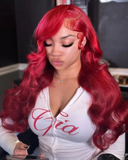 30-Inch Zlzlblbl 13X6 Burgundy Lace Front Wig - Human Hair Body Wave HD Lace, Pre-Plucked with Baby Hair, 200% Density, Glueless Design