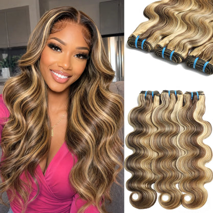 LUCKSTAR Summer Vibes 4/27/613 Body Wave Human Hair Bundles - Ombre Brown Honey Blonde Weave Extensions for Sew-In and Quick Weave, 100% Human Hair