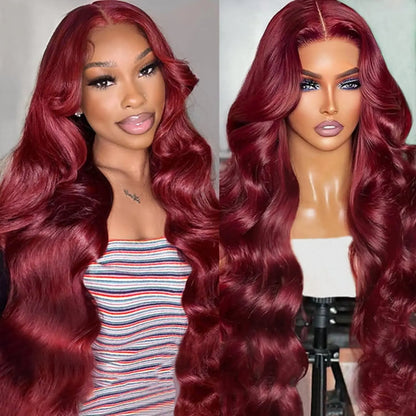 30-Inch Zlzlblbl 13X6 Burgundy Lace Front Wig - Human Hair Body Wave HD Lace, Pre-Plucked with Baby Hair, 200% Density, Glueless Design