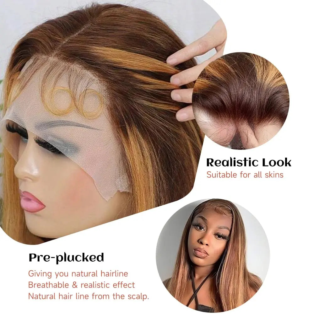 30-Inch Highlight Ombre Lace Front Wig – Human Hair 13X6 Straight/Body Wave/Deep Wave in 4/27 Honey Blonde with HD Lace Frontal, Glueless, Pre-Plucked with Baby Hair - Only $109