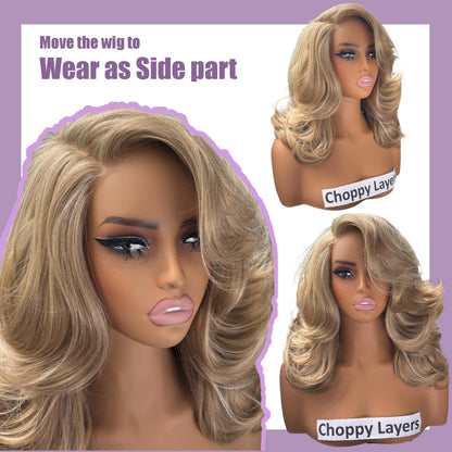 Detroit Layers 18-Inch Heat-Resistant Synthetic Wig - 200% Density Butterfly Cut T-Part Lace in Red, Blonde, Gray, and Brown with Loose Waves for Beginners