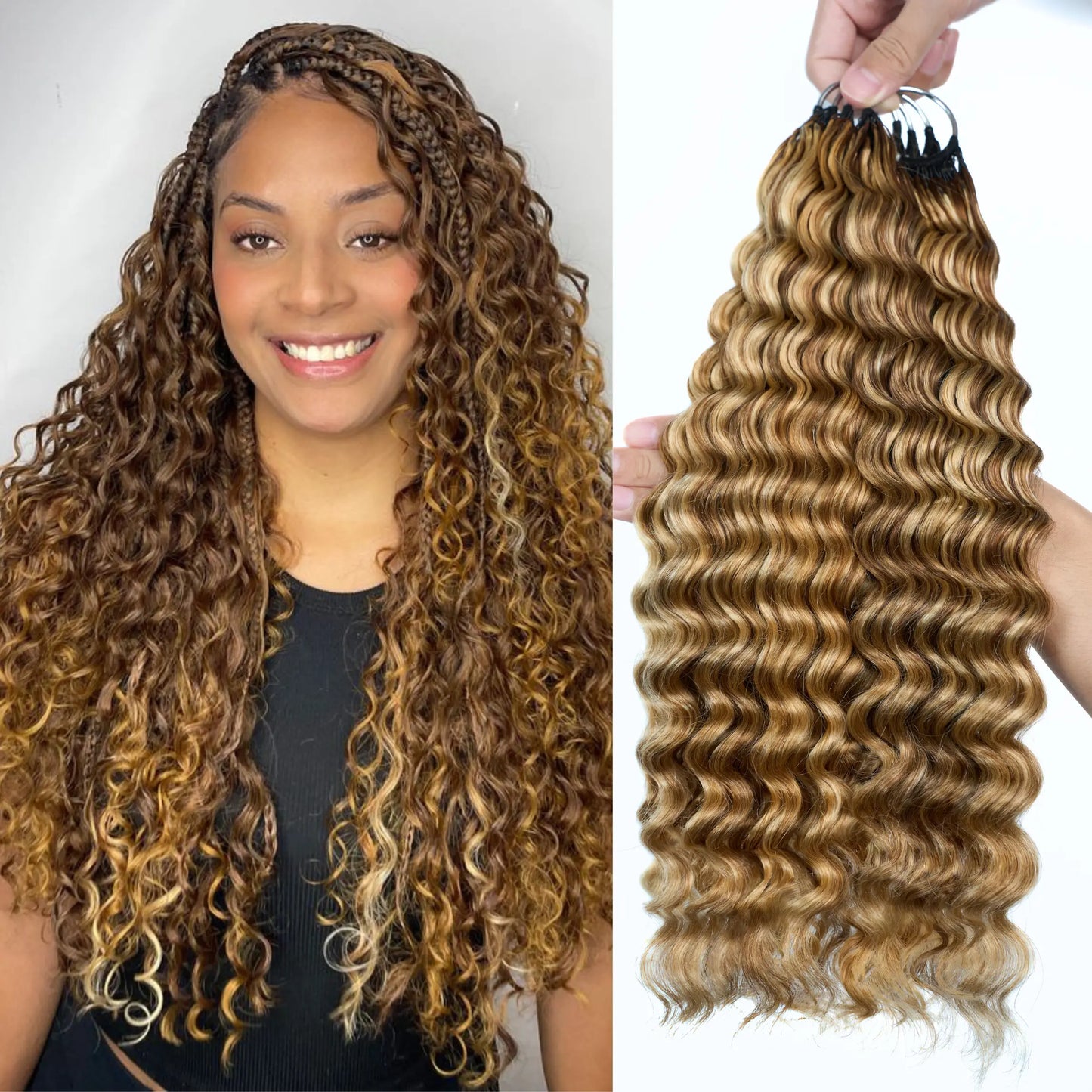 Ashine Deep Wave Burmese Curly Feather Crochet Human Hair Extensions with Miracle Invisible Knots - Pre-Separated Boho Braids for Protective Styling