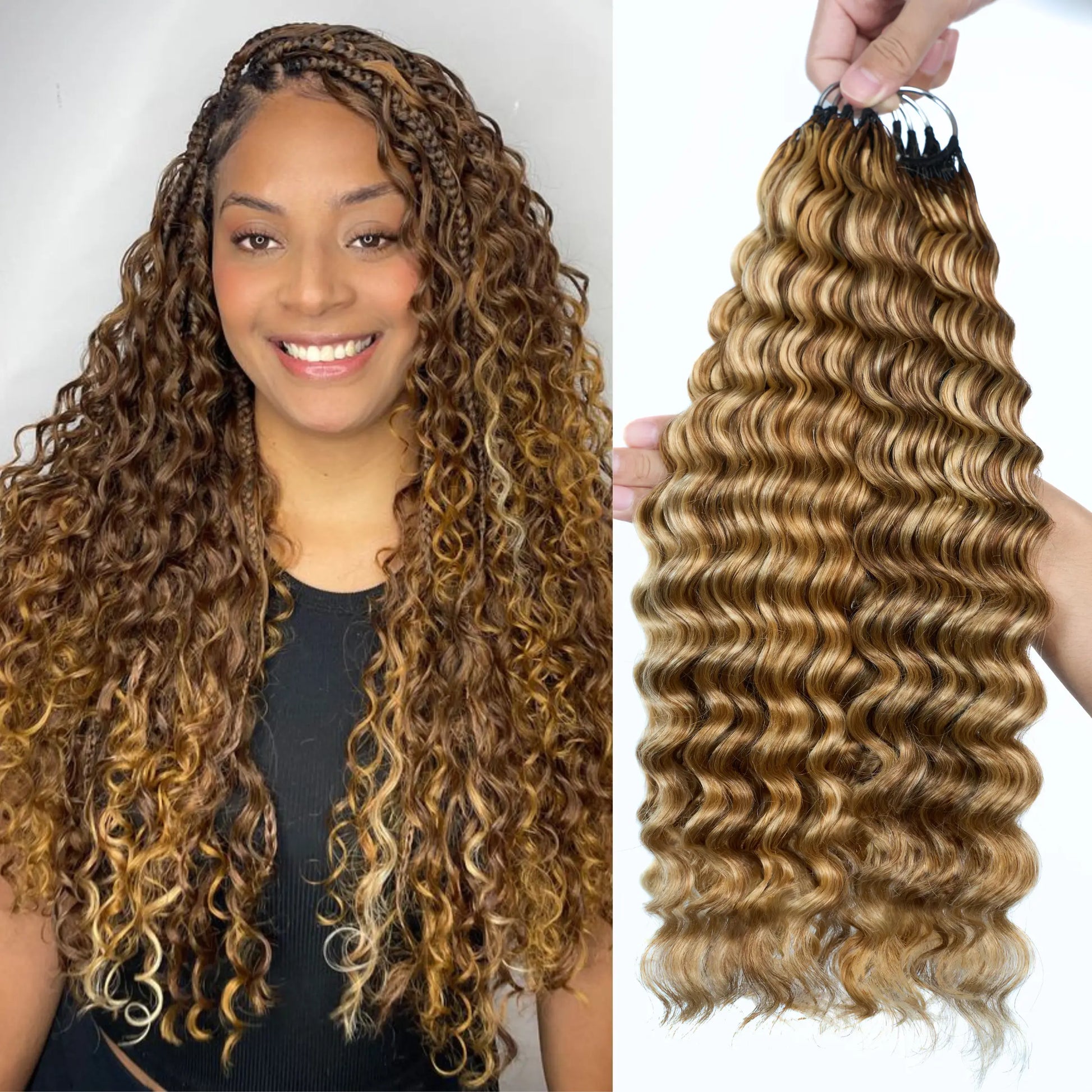 Ashine Deep Wave Burmese Curly Feather Crochet Human Hair Extensions with Miracle Invisible Knots - Pre-Separated Boho Braids for Protective Styling
