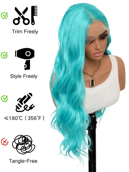 Mint Blue 28-Inch Body Wave Lace Front Wig with Pre-Plucked Natural Hairline, Heat-Resistant Synthetic Fiber for Women - Ideal for Parties, New Year, and Cosplay