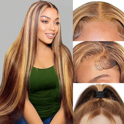 30-Inch Highlight Ombre Lace Front Wig – Human Hair 13X6 Straight/Body Wave/Deep Wave in 4/27 Honey Blonde with HD Lace Frontal, Glueless, Pre-Plucked with Baby Hair - Only $109
