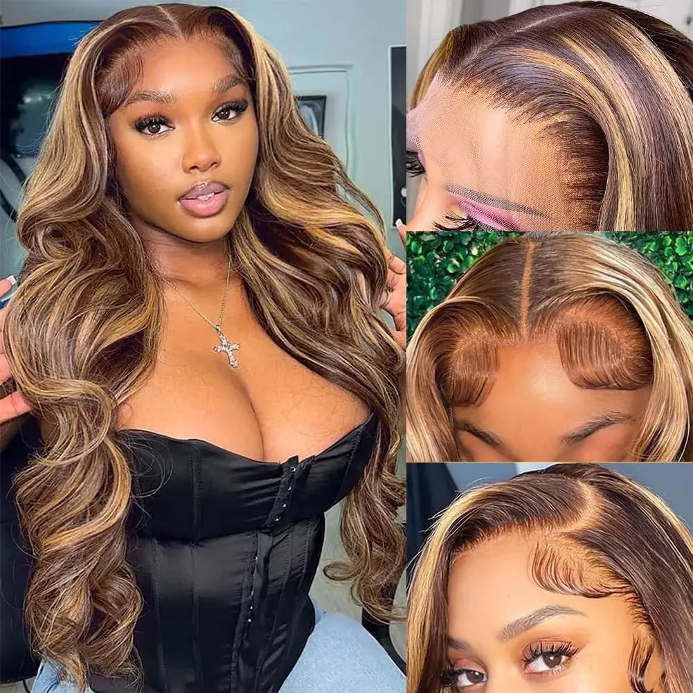 30-Inch Highlight Ombre Lace Front Wig – Human Hair 13X6 Straight/Body Wave/Deep Wave in 4/27 Honey Blonde with HD Lace Frontal, Glueless, Pre-Plucked with Baby Hair - Only $109
