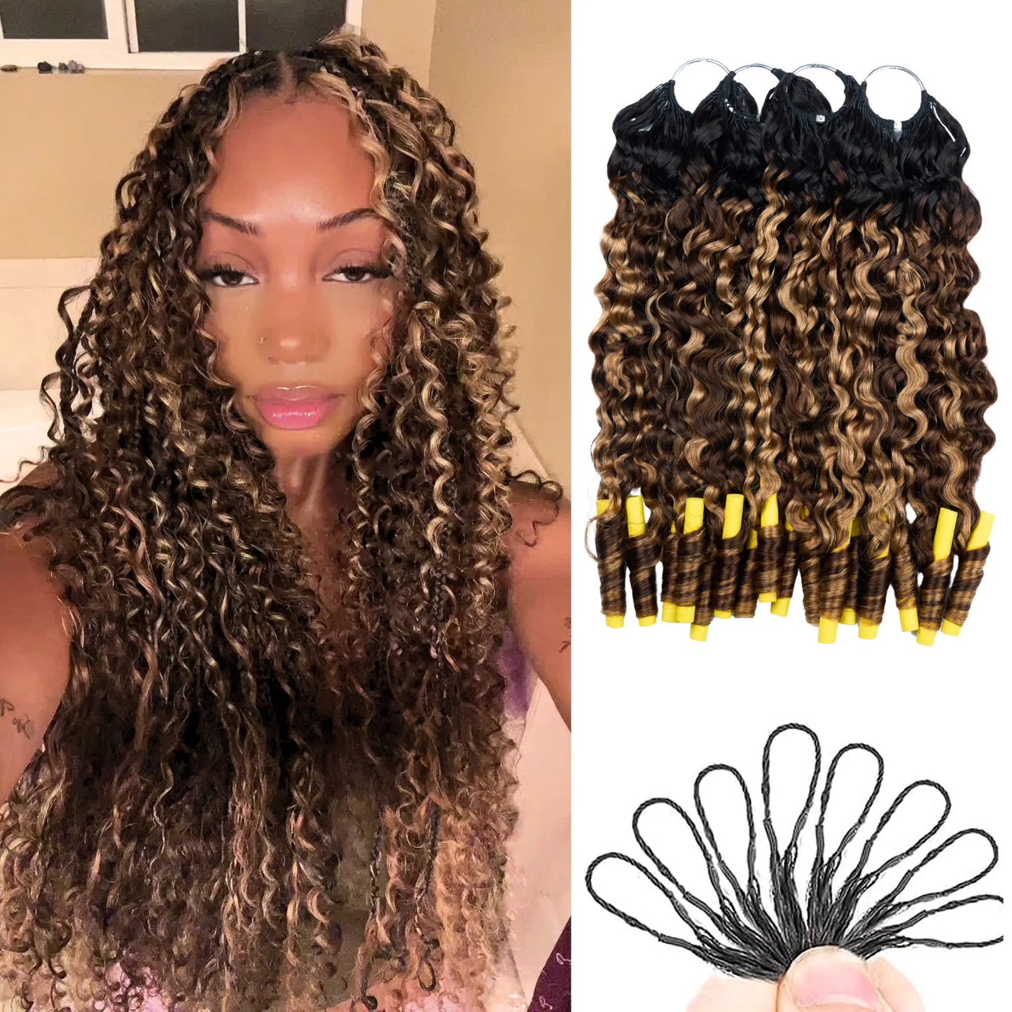 Ashine Deep Wave Burmese Curly Feather Crochet Human Hair Extensions with Miracle Invisible Knots - Pre-Separated Boho Braids for Protective Styling
