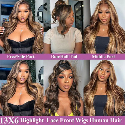 30-Inch Highlight Ombre Lace Front Wig – Human Hair 13X6 Straight/Body Wave/Deep Wave in 4/27 Honey Blonde with HD Lace Frontal, Glueless, Pre-Plucked with Baby Hair - Only $109