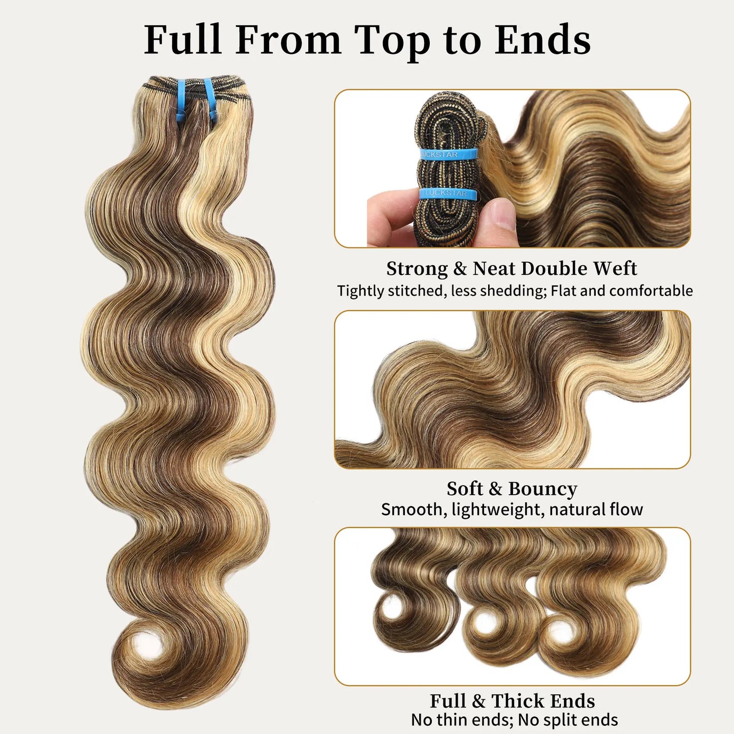 LUCKSTAR Summer Vibes 4/27/613 Body Wave Human Hair Bundles - Ombre Brown Honey Blonde Weave Extensions for Sew-In and Quick Weave, 100% Human Hair